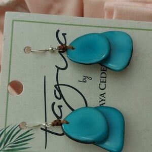 Tagua Turquoise Aqua Vegetable Ivory Tagua Nut hanging earrings New
